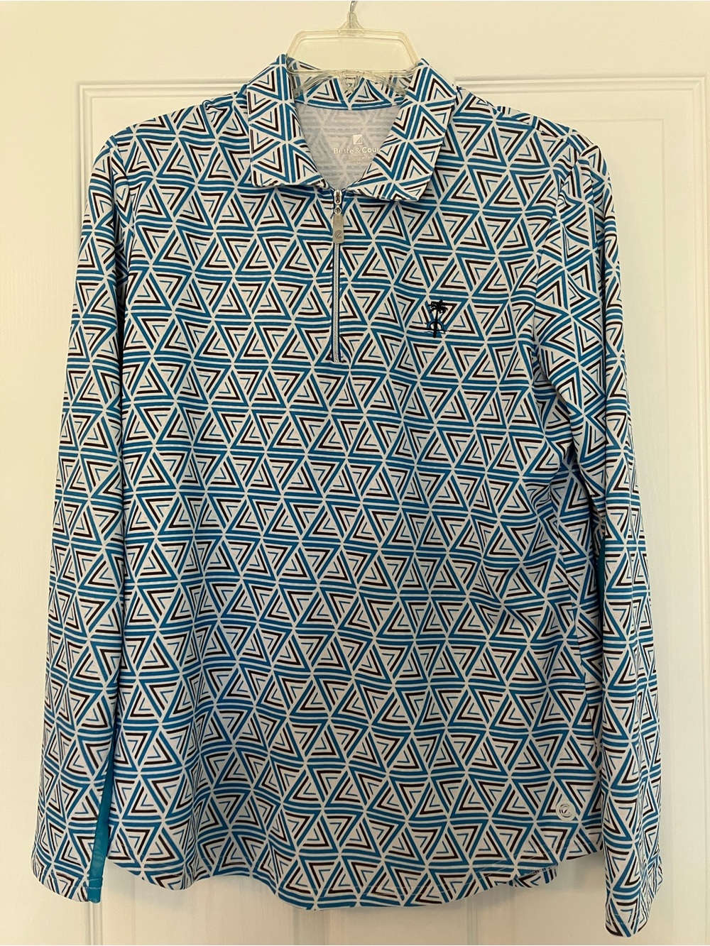 Long-Sleeve Geometric Zip Polo Shirt - Aqua & Slate Gray & White